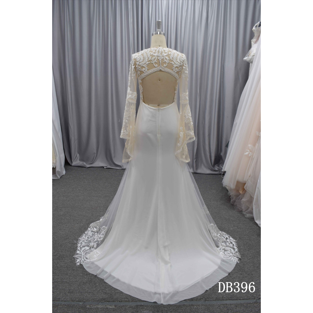 Trumpet sleeves Boho wedding dress with keyhole back