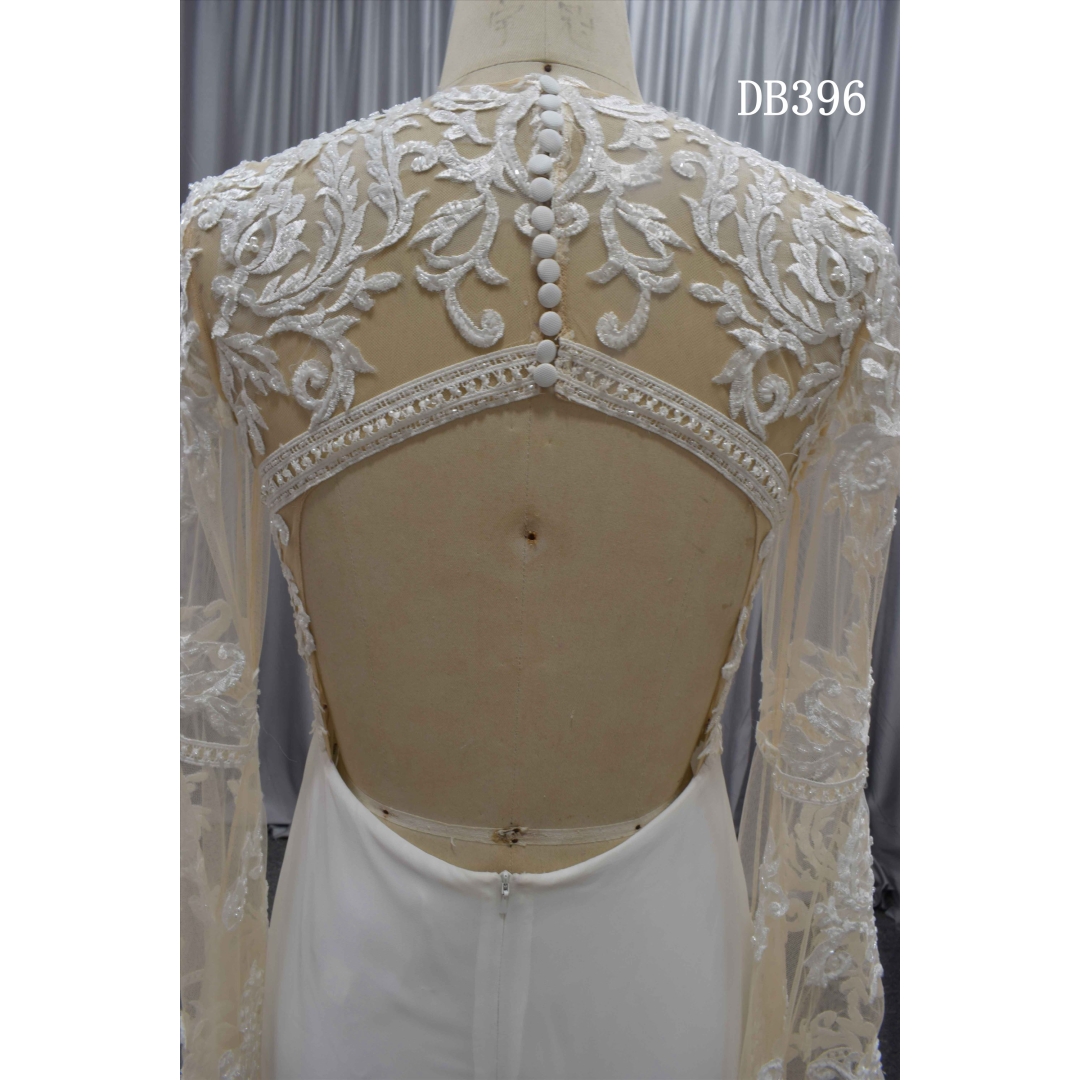 Trumpet sleeves Boho wedding dress with keyhole back