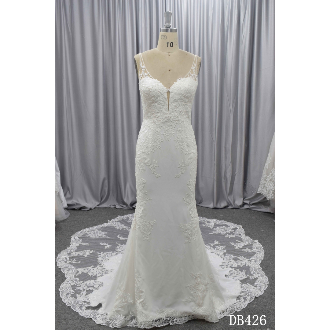 Crepe with lace wedding dress Illusion back bridal gown