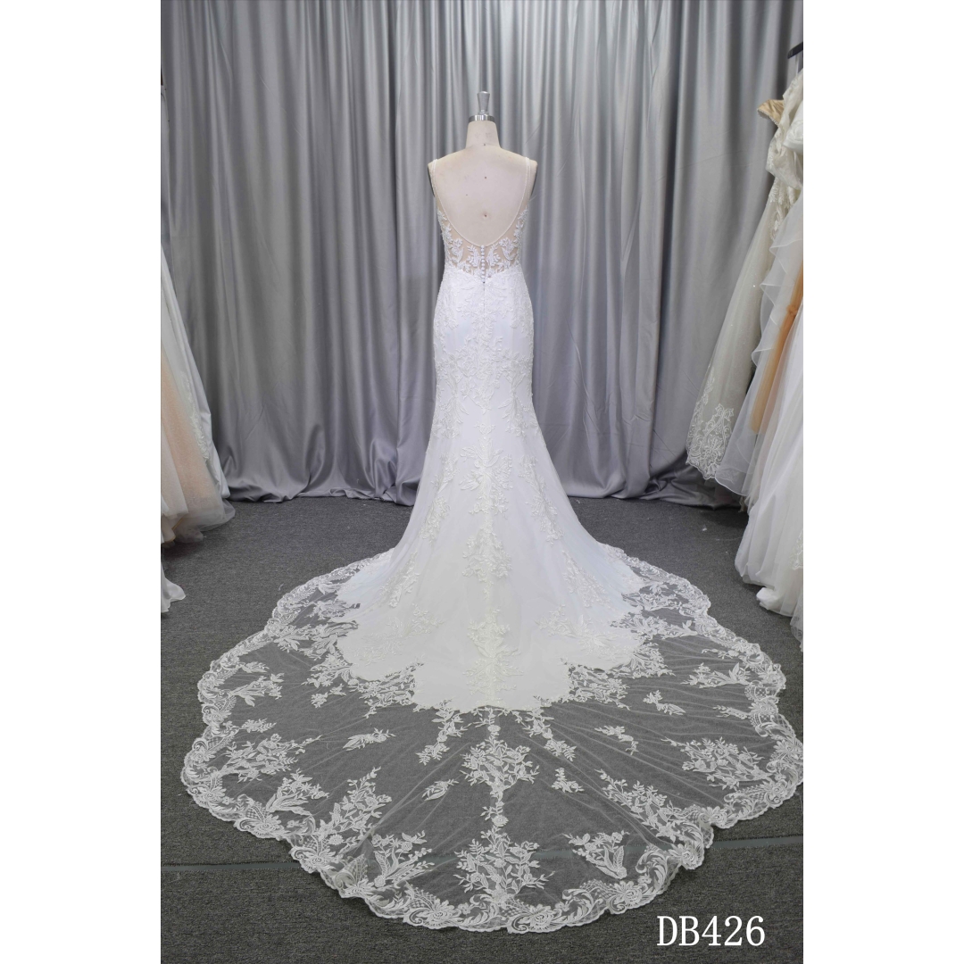 Crepe with lace wedding dress Illusion back bridal gown