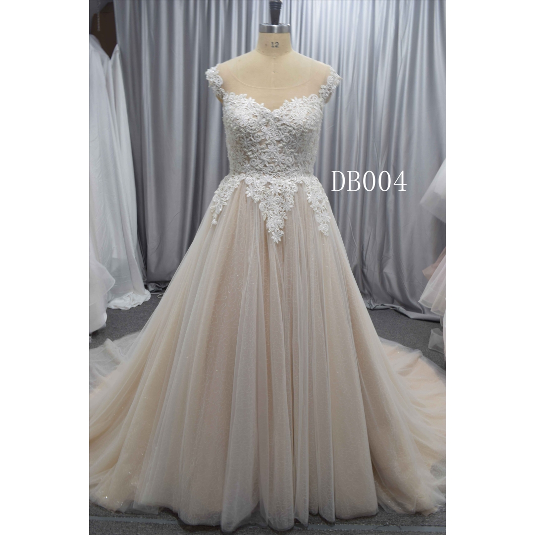 Cap sleeves champagne color bling bling skirt wedding dress