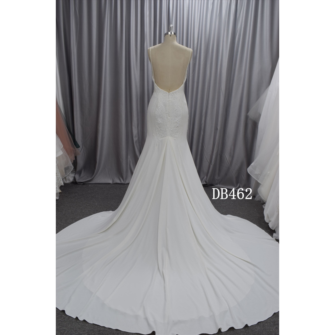 Spaghetti straps crepe wedding dress mermaid style bridal gown