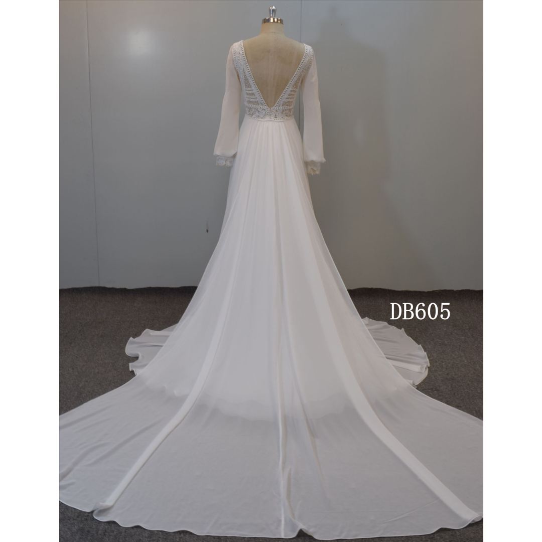 Chiffon Long Sleeves A Line Bridal Gown with Detachable train Bridal Dress