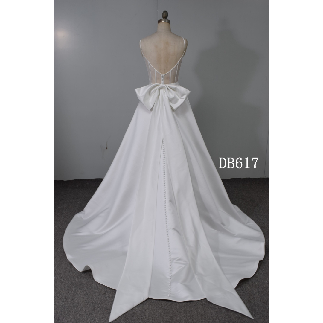 Spaghetti Straps Illusion Back Satin Bridal Gown With A Big Bow on Back