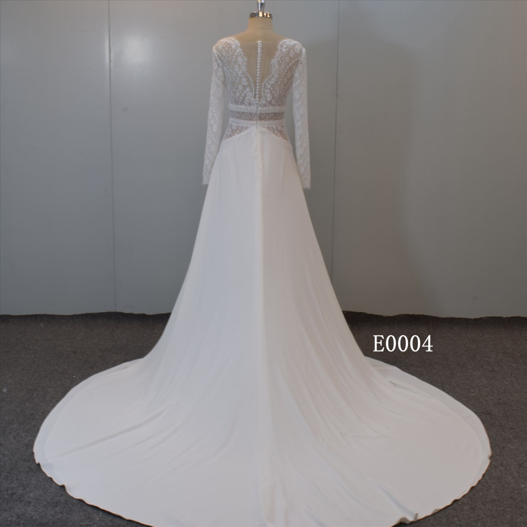 Boho Long Sleeve Bridal Gown Lace Bodice Crepe Skirt A Lien Wedding Dress