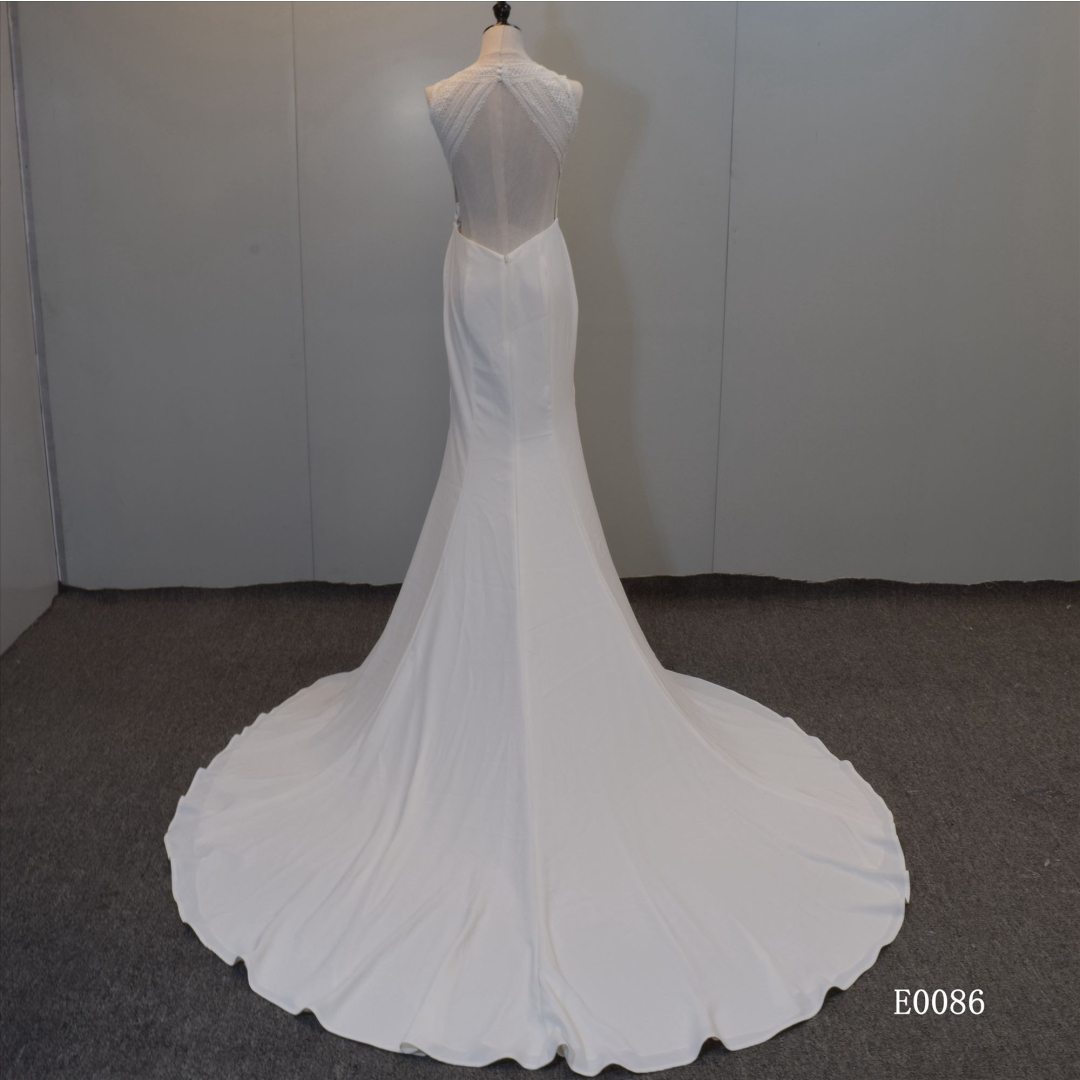 Backless Crepe Fabric See Though Mermaid Bridal gown Made in Guangzhou