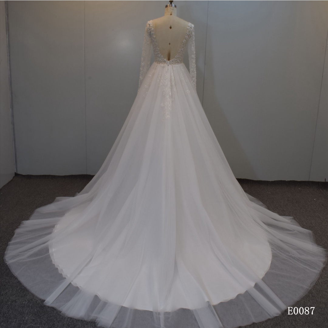 Soft Tulle Long Sleeves A Line Bridal Gown Shining Wedding Dress In China