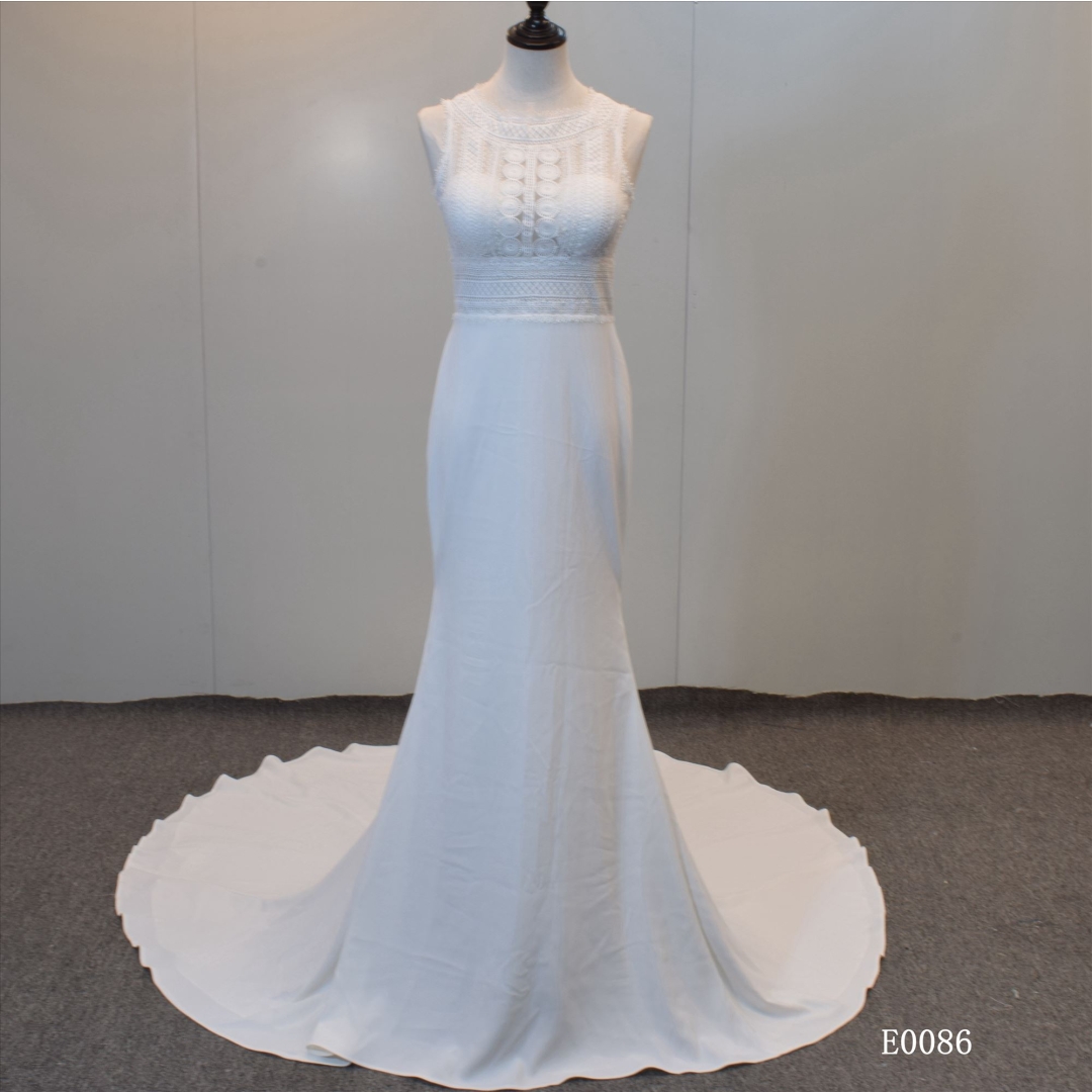 Guangzhou Factory Crepe Bridal Gown See though Bodice and Open back