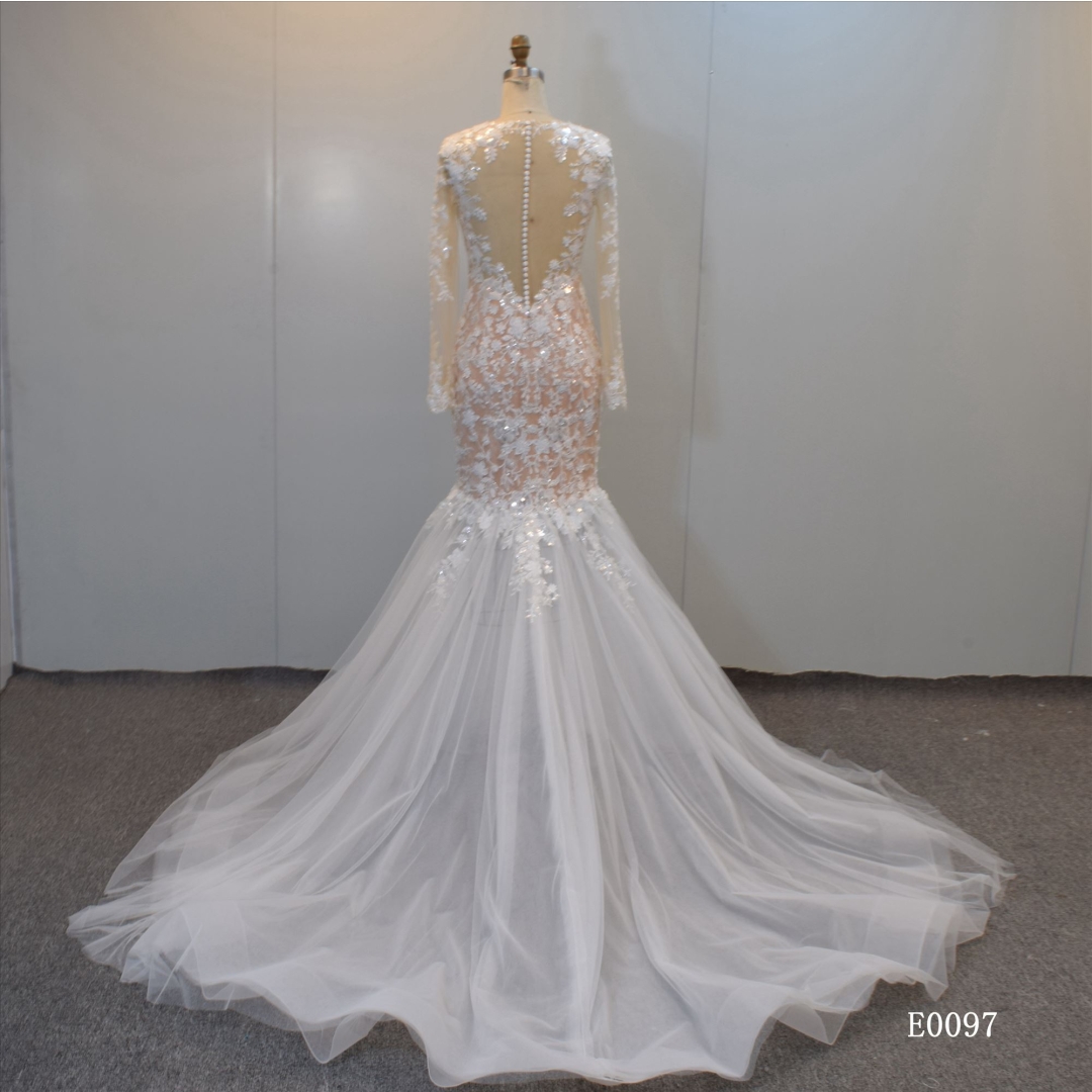 Shining Long Sleeves Nude Illusion Back Bridal Gown Whole Sell  Bridal Gown