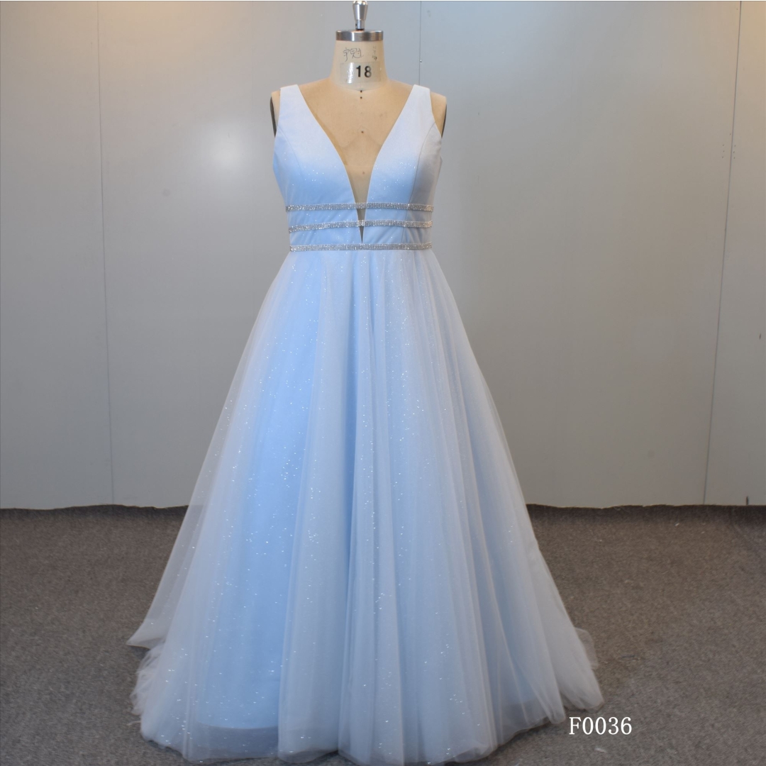 Blue shining V-neck wedding dress tulle bridal dress