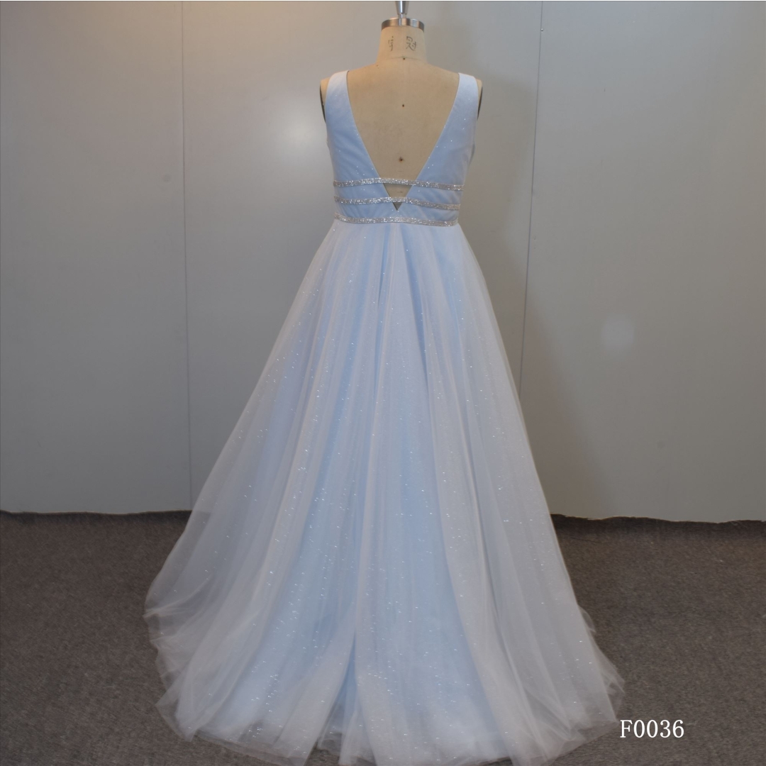 Blue shining V-neck wedding dress tulle bridal dress