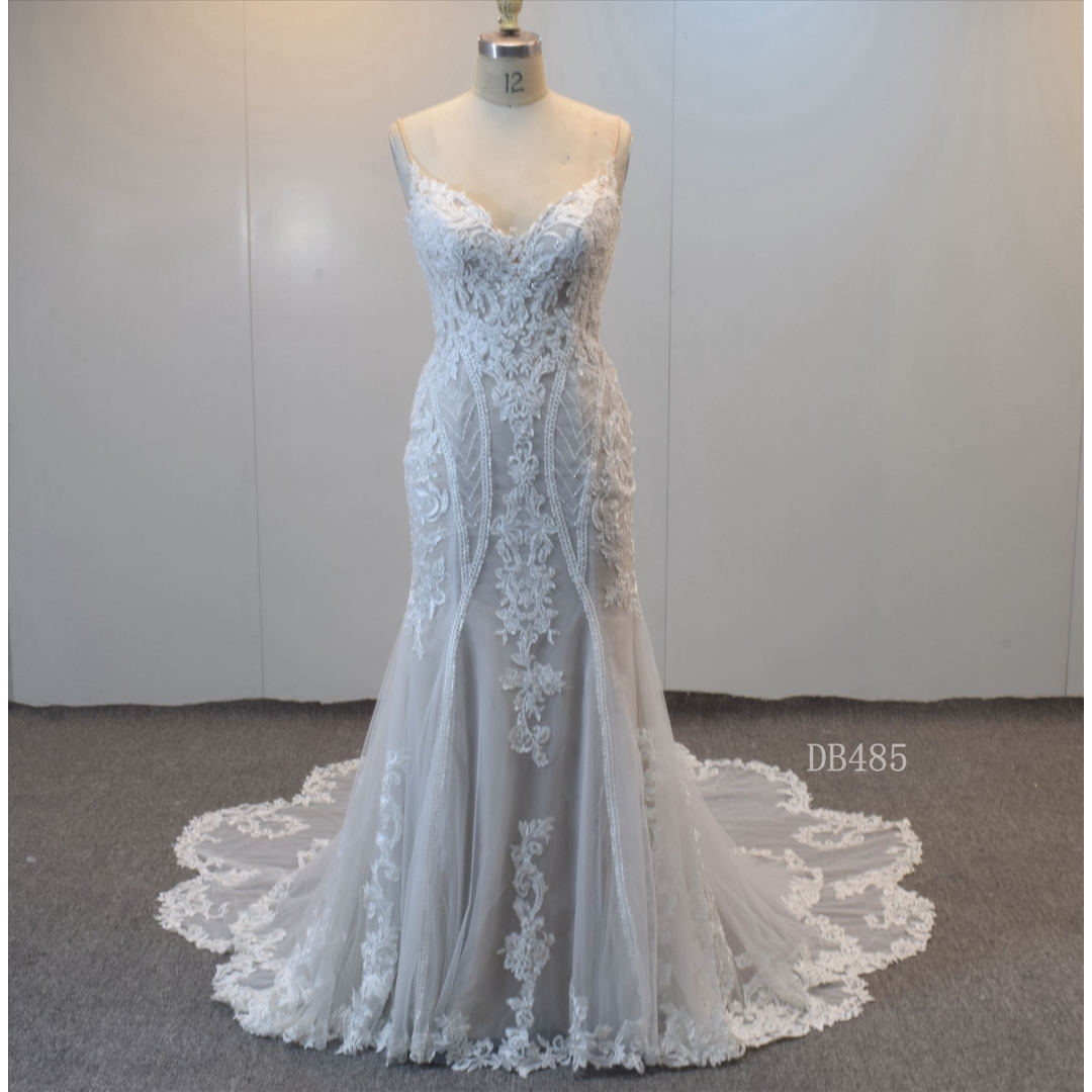 Nude Tulle Wedding Dress Spaghetti Straps Bridal Gown Mermaid Bridal Dress