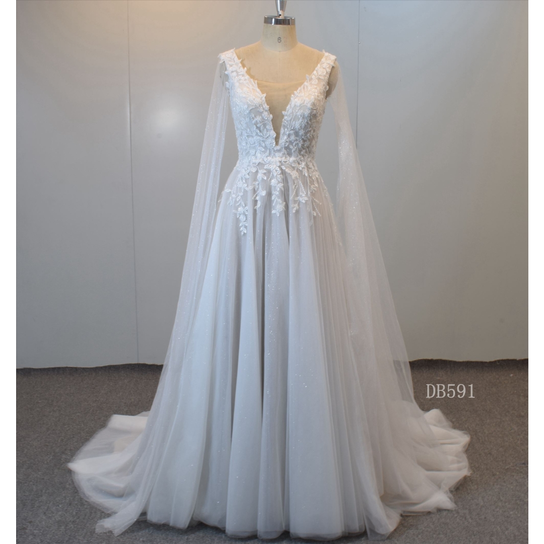 Deep V Neckline GuangZhou Factory Made Bridal Gown A Line Bridal Dress