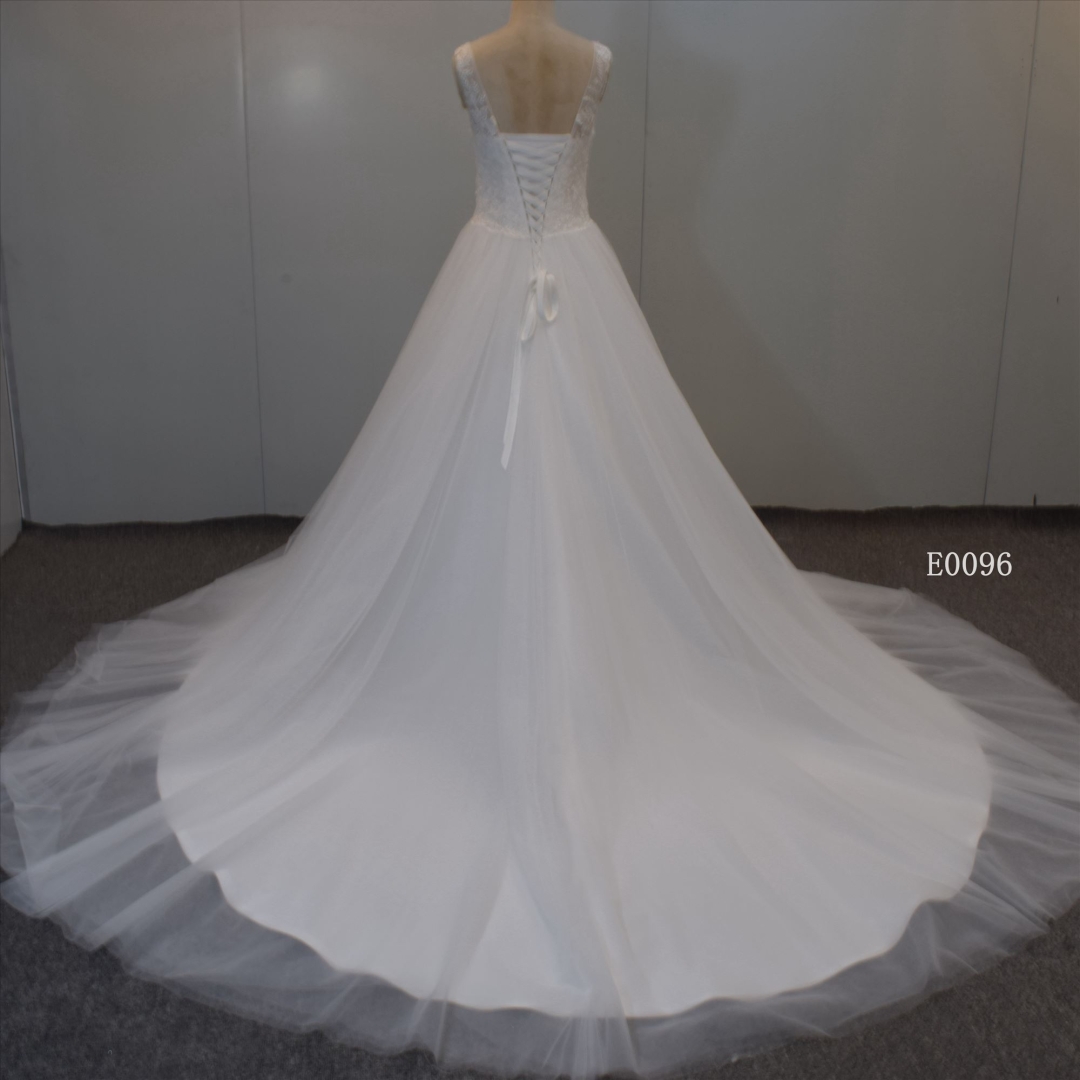 V Neckline Lace Up Back A Line Bridal Gown Sequined Wedding Dress