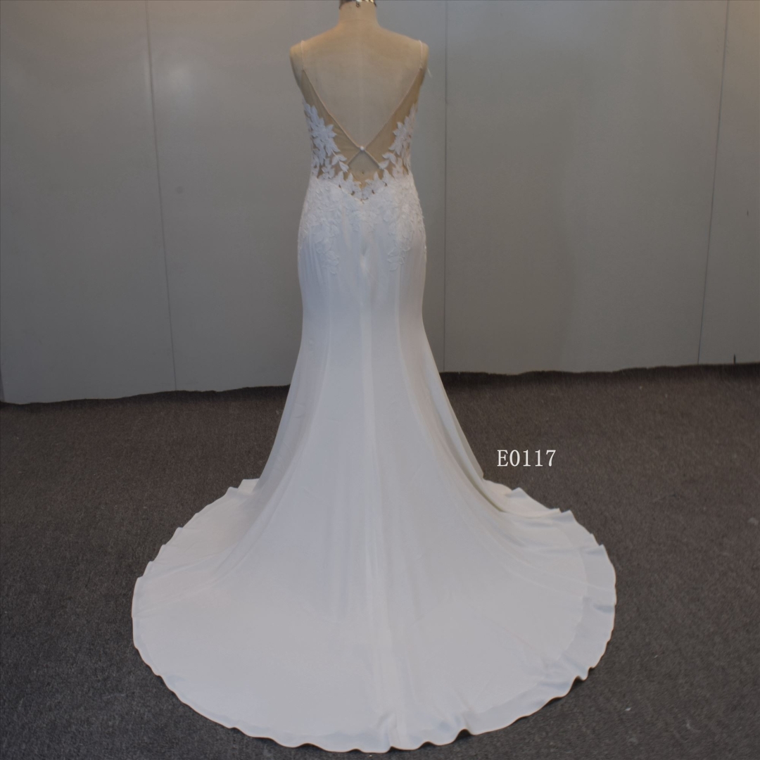 Spaghetti Straps Mermaid Crepe Fabric Bridal Gown Guangzhou Wedding Gown