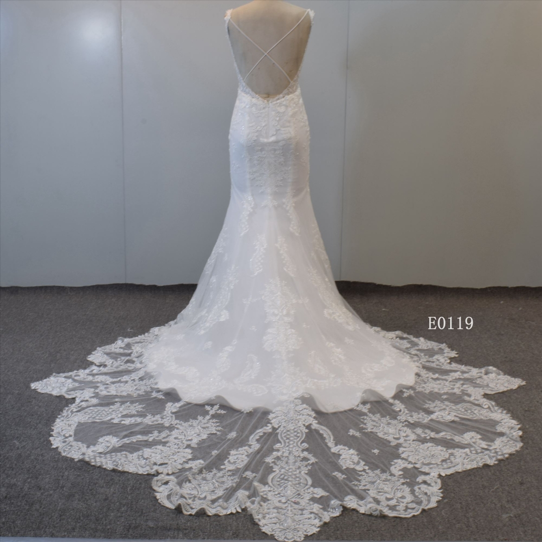 Spaghetti Straps Cross Back Bridal Gown Beaded Mermaid Wedding Gown