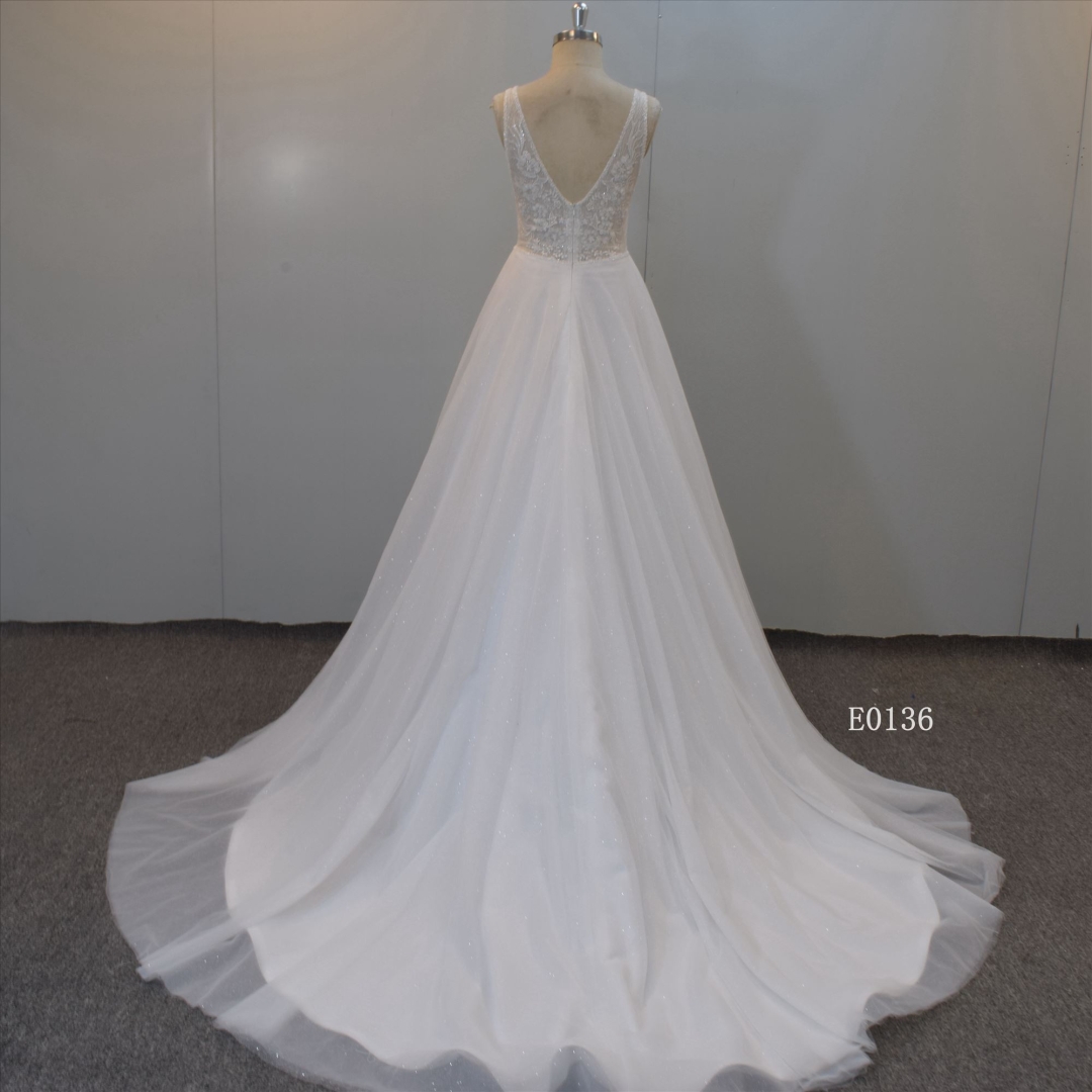Shining A Line Wedding Gown Applique Bridal Gown V Neckline Bridal Dress