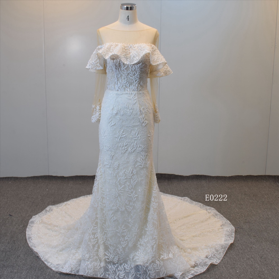 Detachable Neckline Bridal Gown Long Sleeves Mermaid Wedding Gown