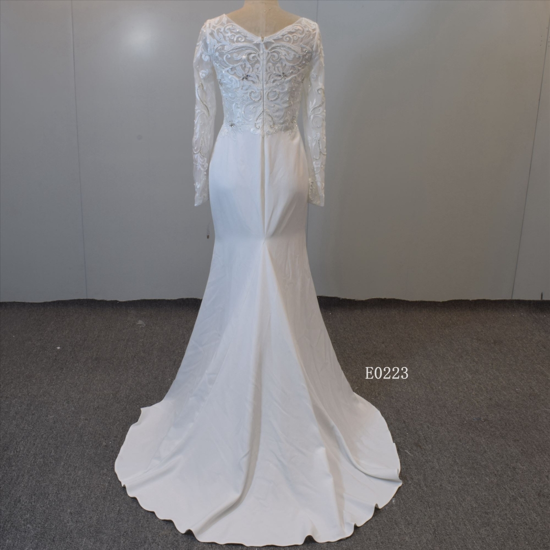 Crepe V Neckline Bridal Gown Long Sleeves Beading Mermaid Wedding Gown