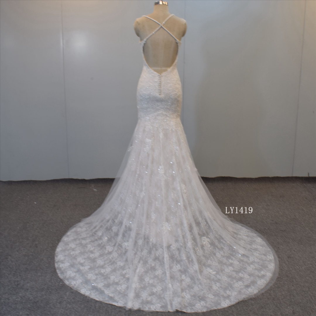 Cross Back Wedding Dress Beading Straps Bridal Gown Mermaid Bridal Dress