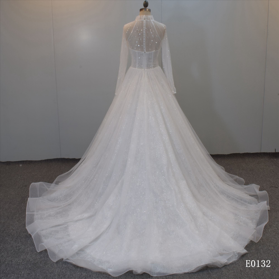 High Neckline  A Line Bridal Gown Long Sleeves Beading Wedding Gown For Women