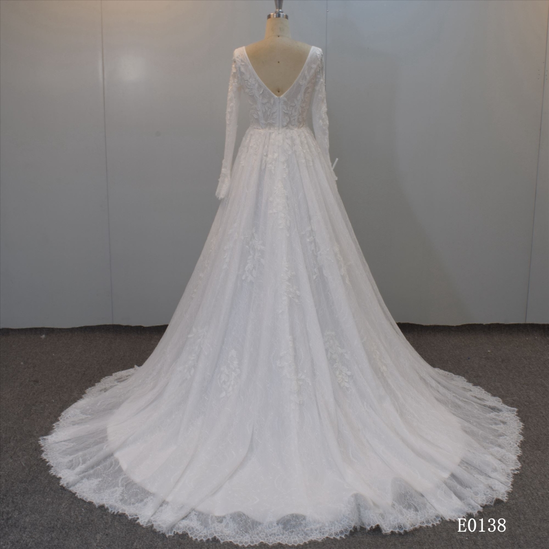 A Line Bridal Dress With Deep V Neckline GuangZhou Factory Made Bridal Gown
