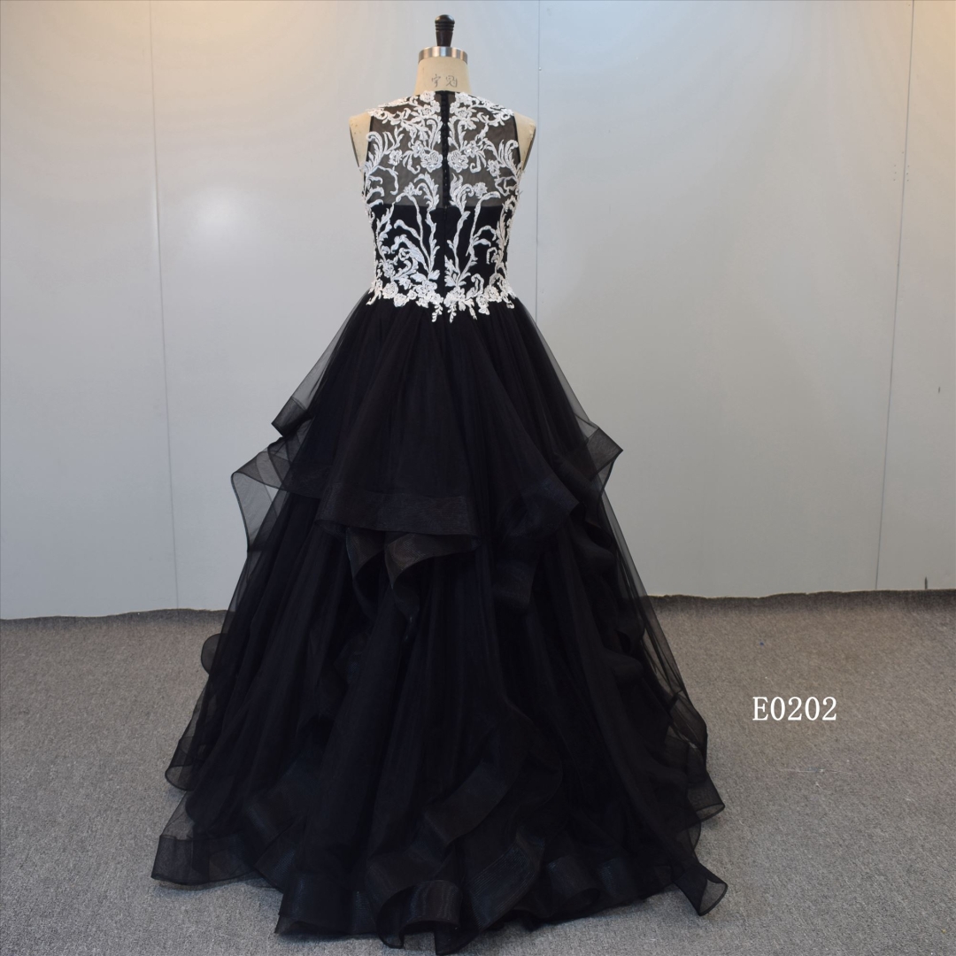 Black Bridal Gown Evening Dress With Ruffle Train Ball Gown Dress For Women