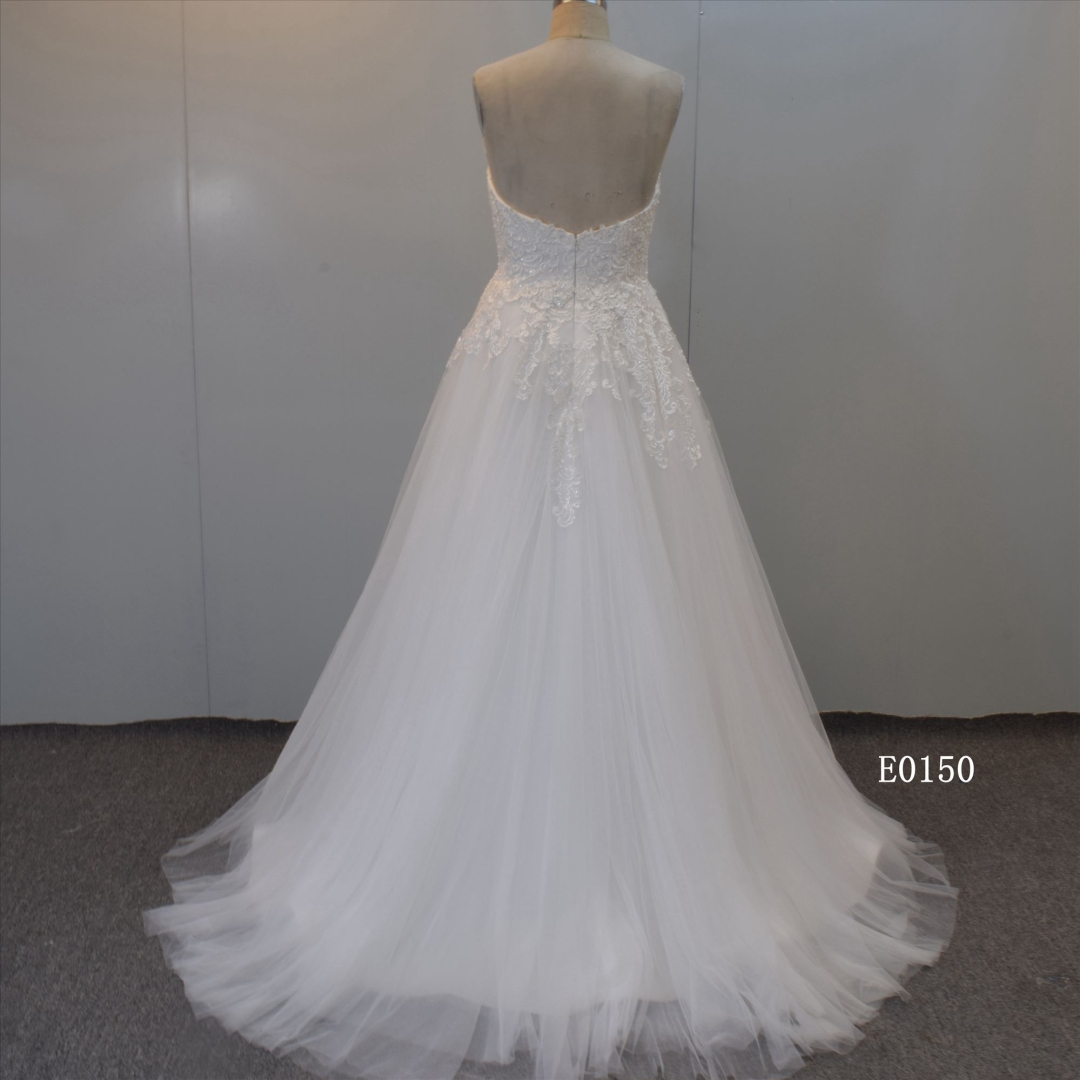 Strapless Tulle Bridal Dress With Ruffle Train Ball Gown Dress For Women