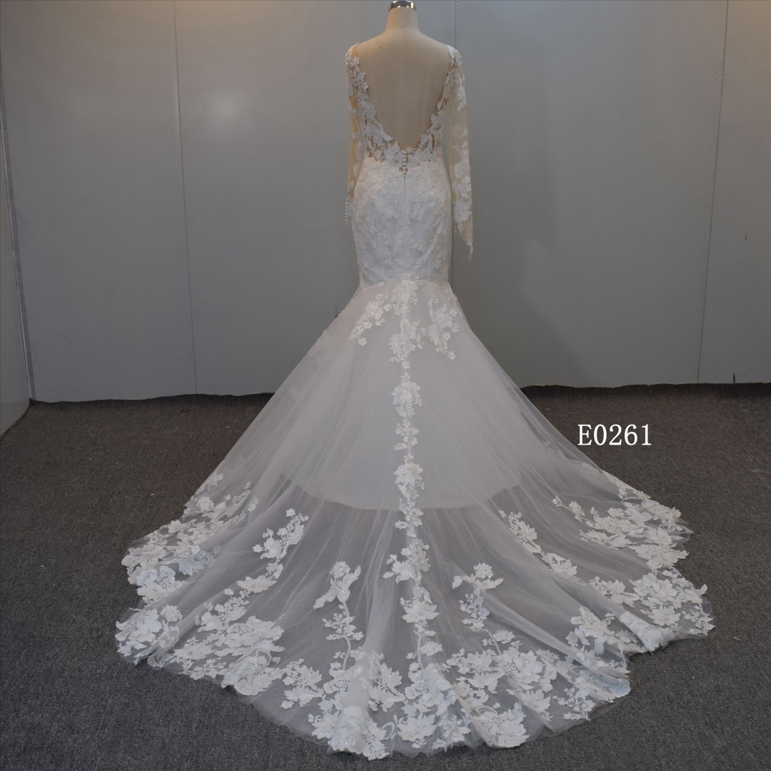 2021 Custom Mermaid With Long Sleeves Tulle Bridal Dress For Women