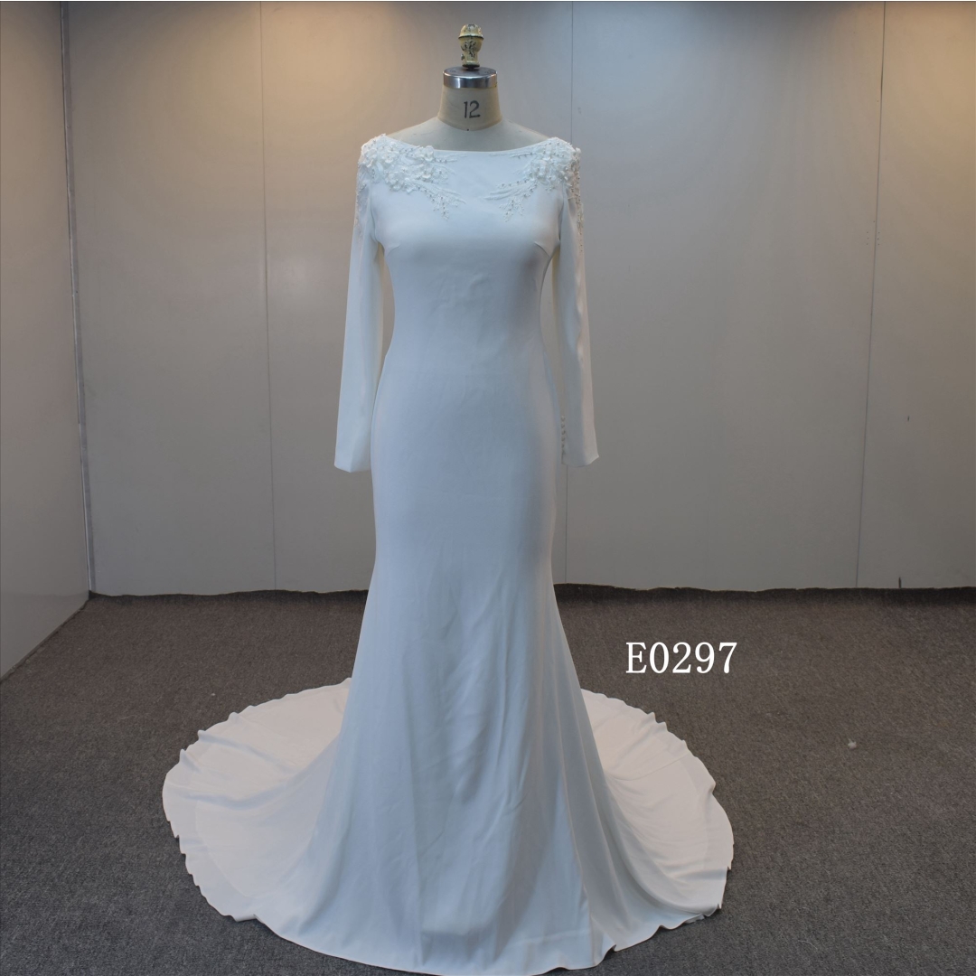 Fishtail Skirt Wedding Dress Soft Satin with Long Sleeves Bridal Gown