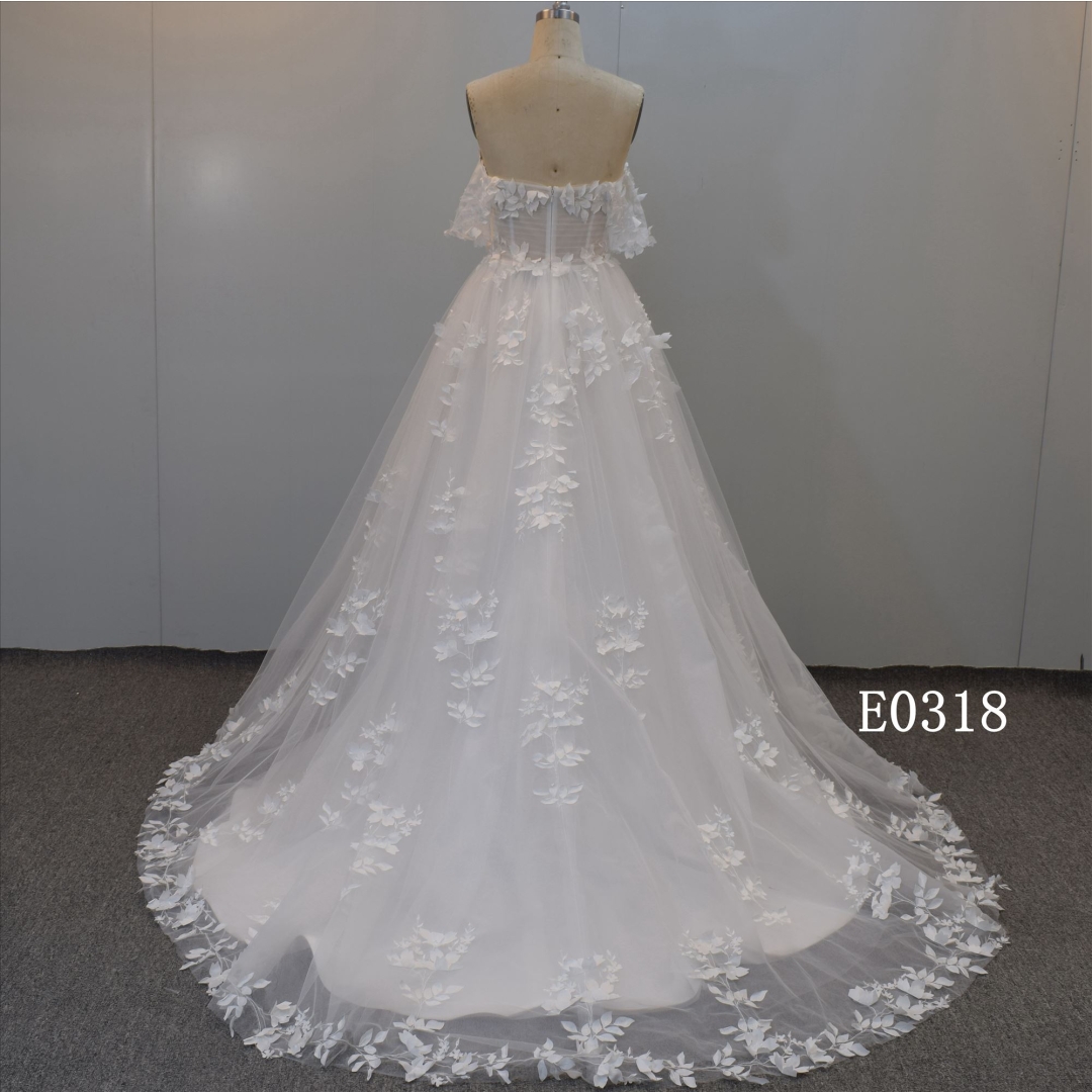 Off-Shoulder Wedding Gown Ivory Chapel Train Dress Bridal