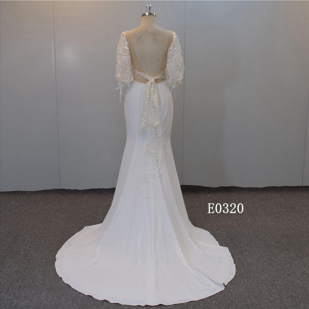 Square Collar Wedding Gown With Two Thrids Sleeves Bridal Dress