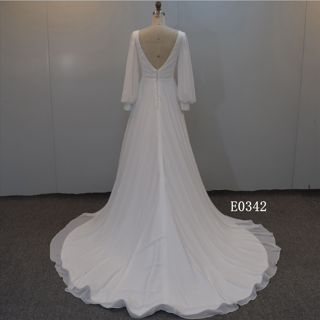Elegant White Chiffon Satin Long Sleeves Women's Wedding Dress