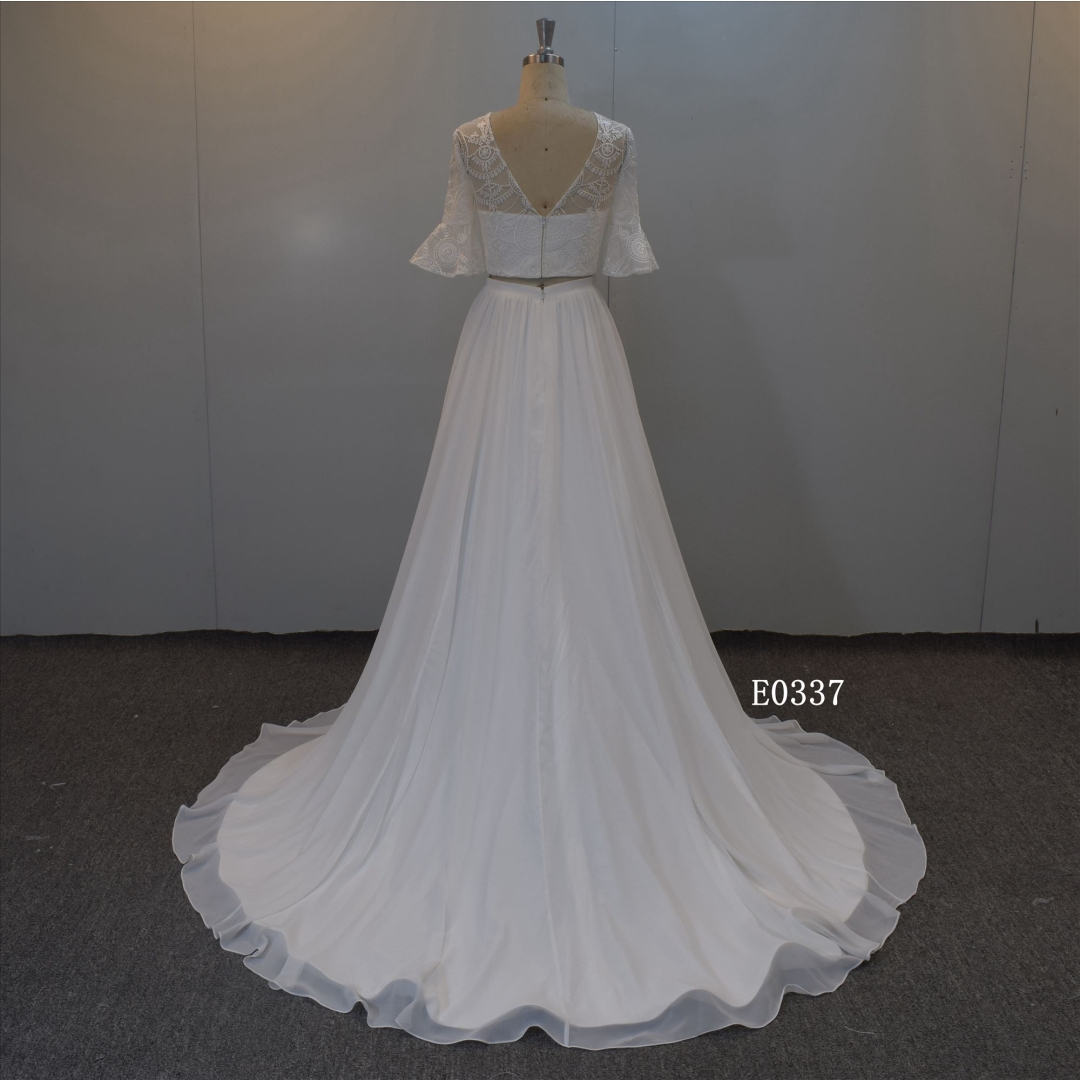 Half Sleeves White Chiffon Wedding Dress Bridal Dress