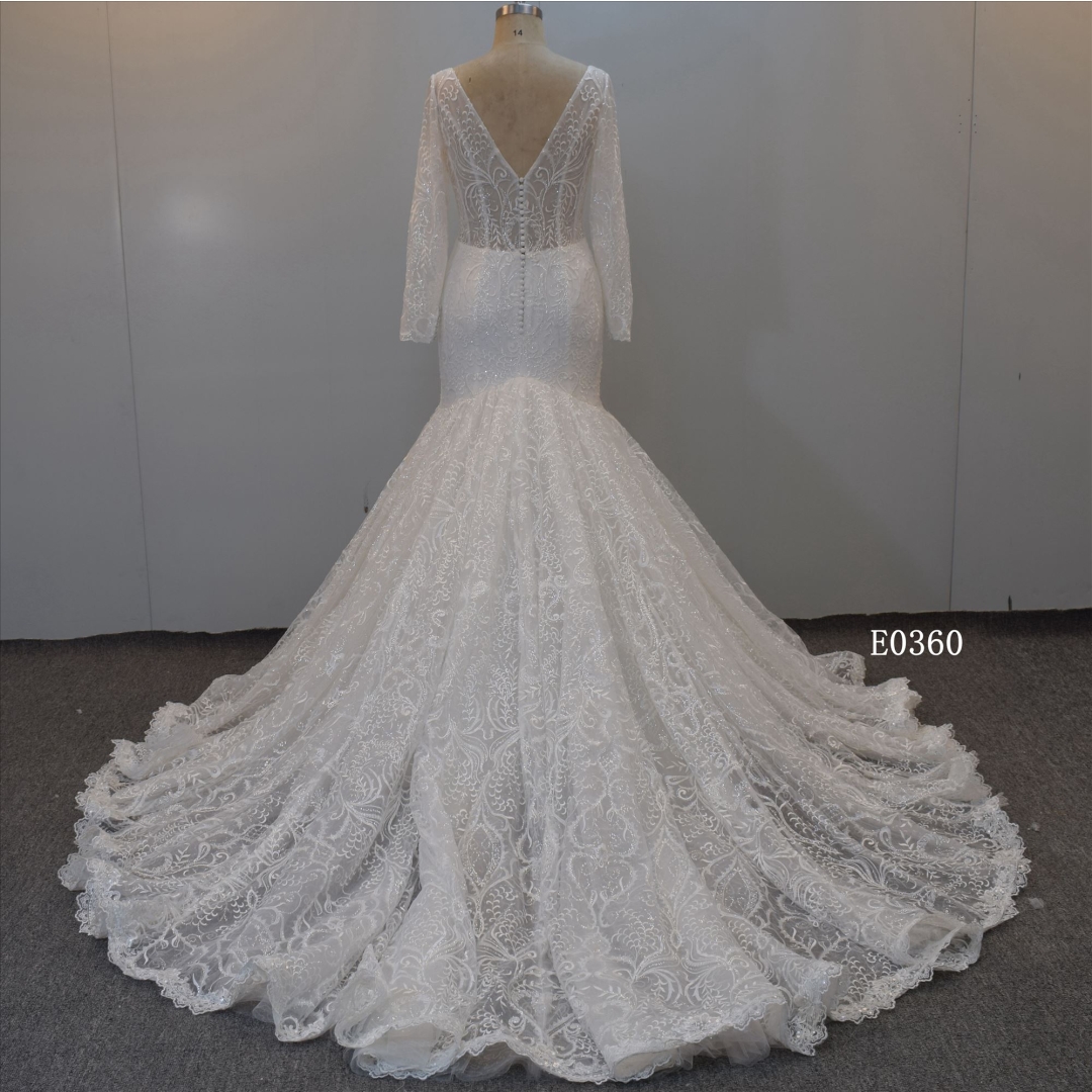 Long Sleeves Delicate Flower Lace Mermaid Dress Wedding Dress