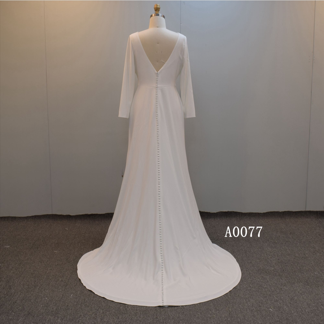 Modest Crepe Wedding Gown with Button Back Bridal Dress