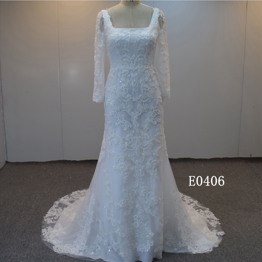 Square Collar Shining Beads Wedding Gown With Long Sleeves Bridal Dress