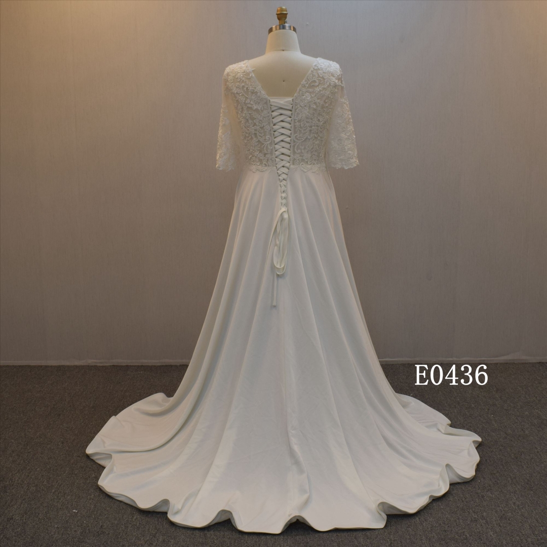 2022 A Line Bridal Wedding Dress With Half Sleeves Satin Bridal Dress