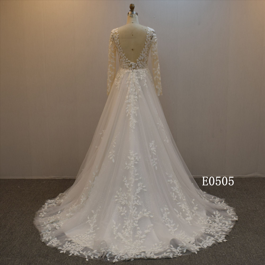 A Line Deep V  Bridal Dress With Sleeves Wedding Dress For Women Wedding
