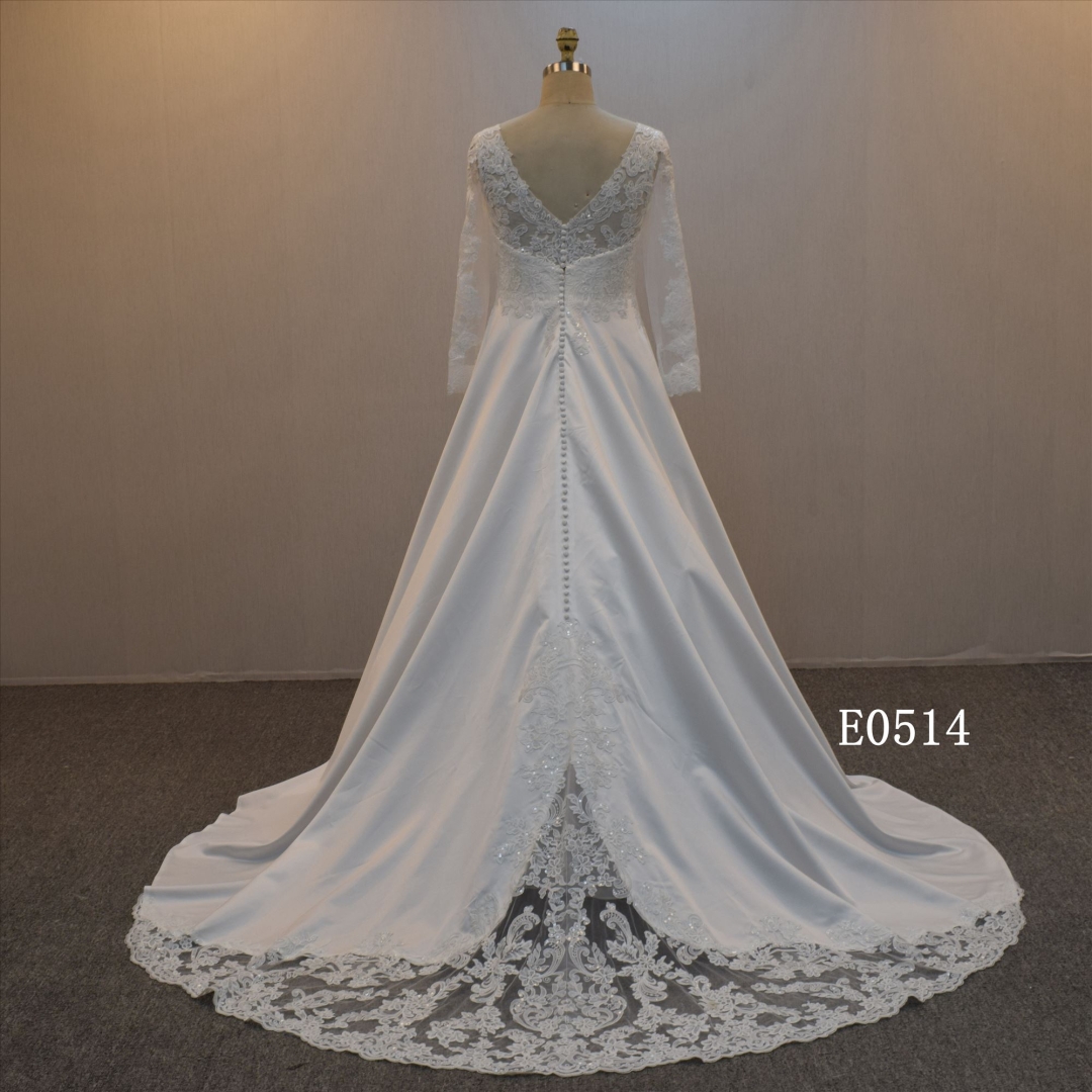 Long Sleeves A Line Satin Bridal Dress With Lace train For Women Wedding