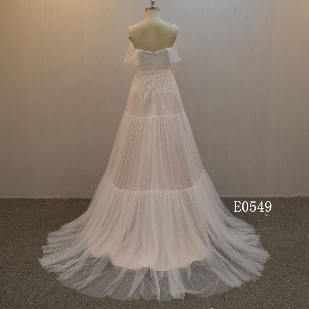 2022 Hot Sell A Line Sequins Wedding Gown With Off Sleeves Bridal Gown