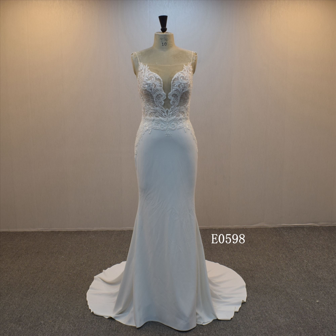 Beaded Crepe Mermaid Wedding Dress With Spaghetti Straps Bridal Gown