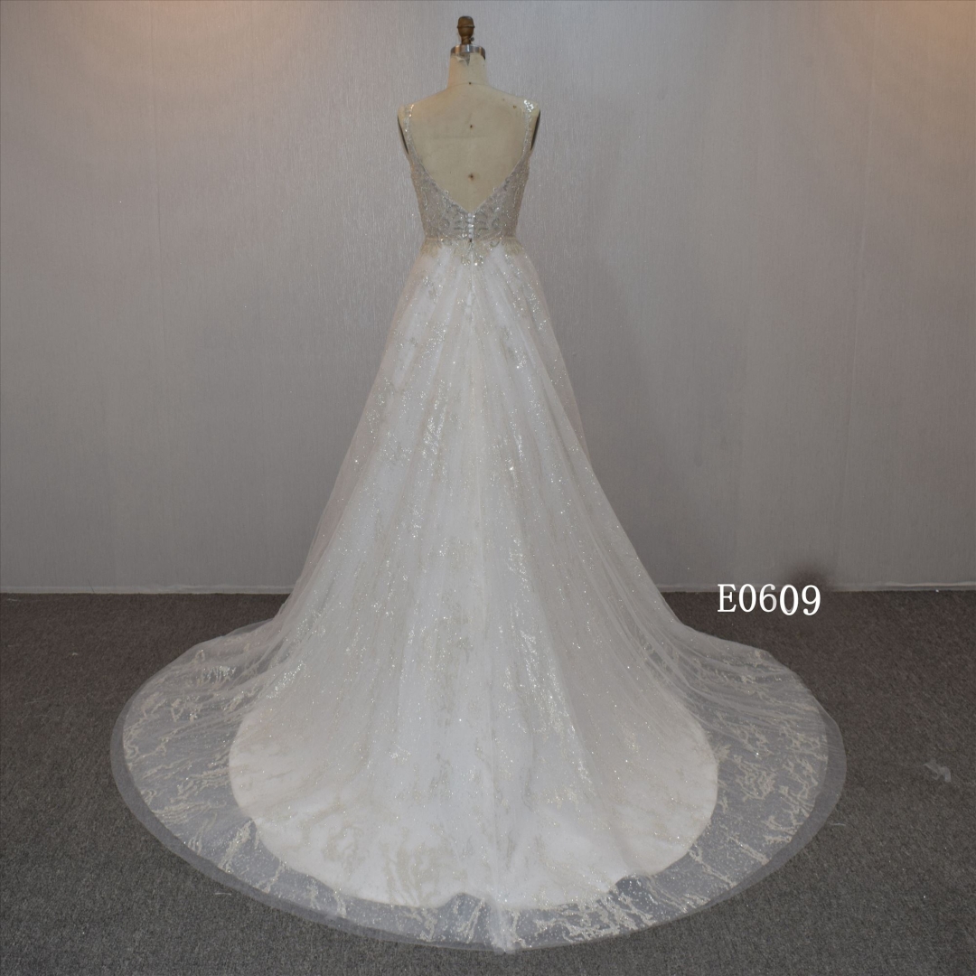 A Line With Lace Applique Bridal Gown Beaded Wedding Dress