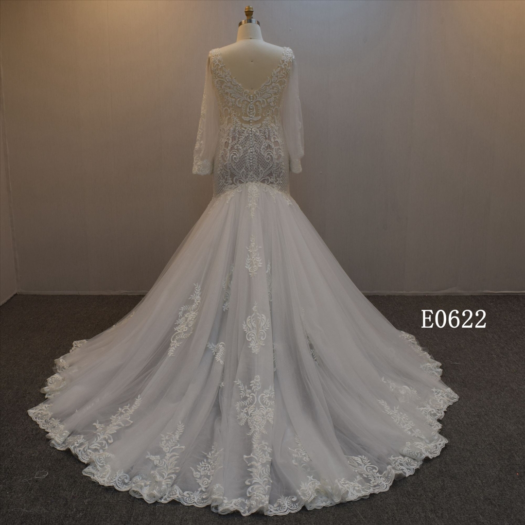 Wholesale Puffy Long Sleeves Mermaid Bridal Dress Guangzhou Wedding Dress