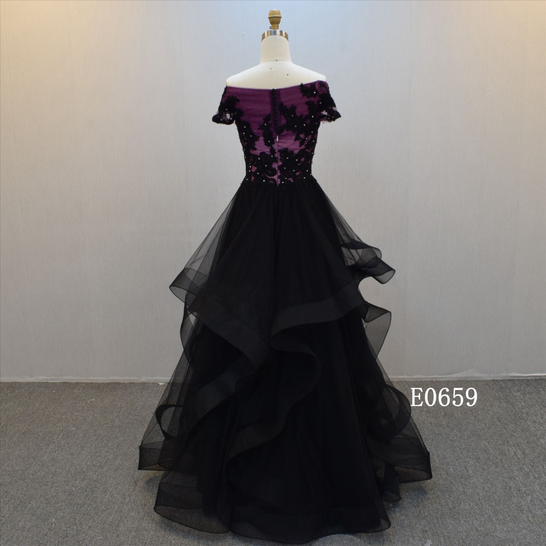 A Line Black Evening Dress Ruffles Train Wedding Gown Off Shoulder Wedding Dress