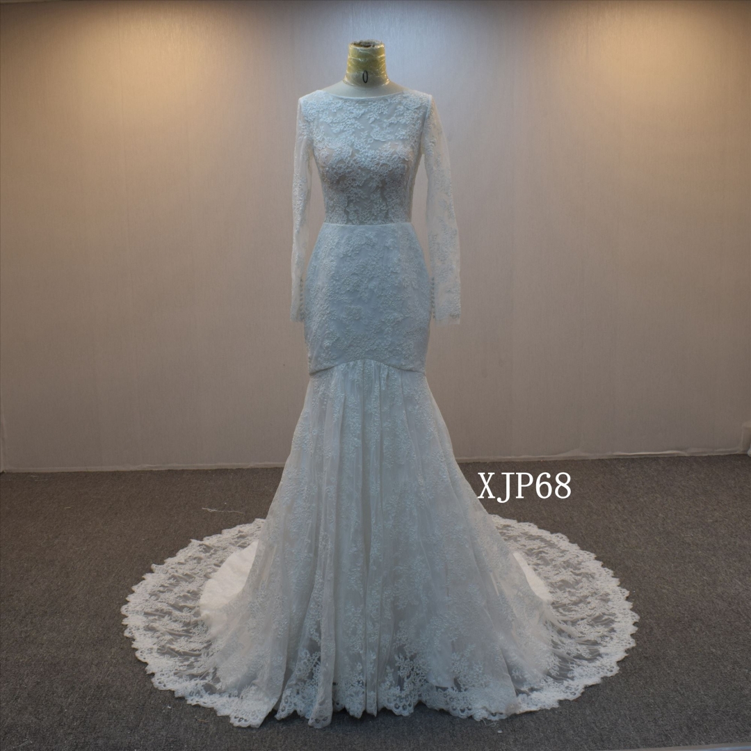 Long Sleeves  Mermaid Wedding Dress With Embroidery Lace Applique Bridal Gown
