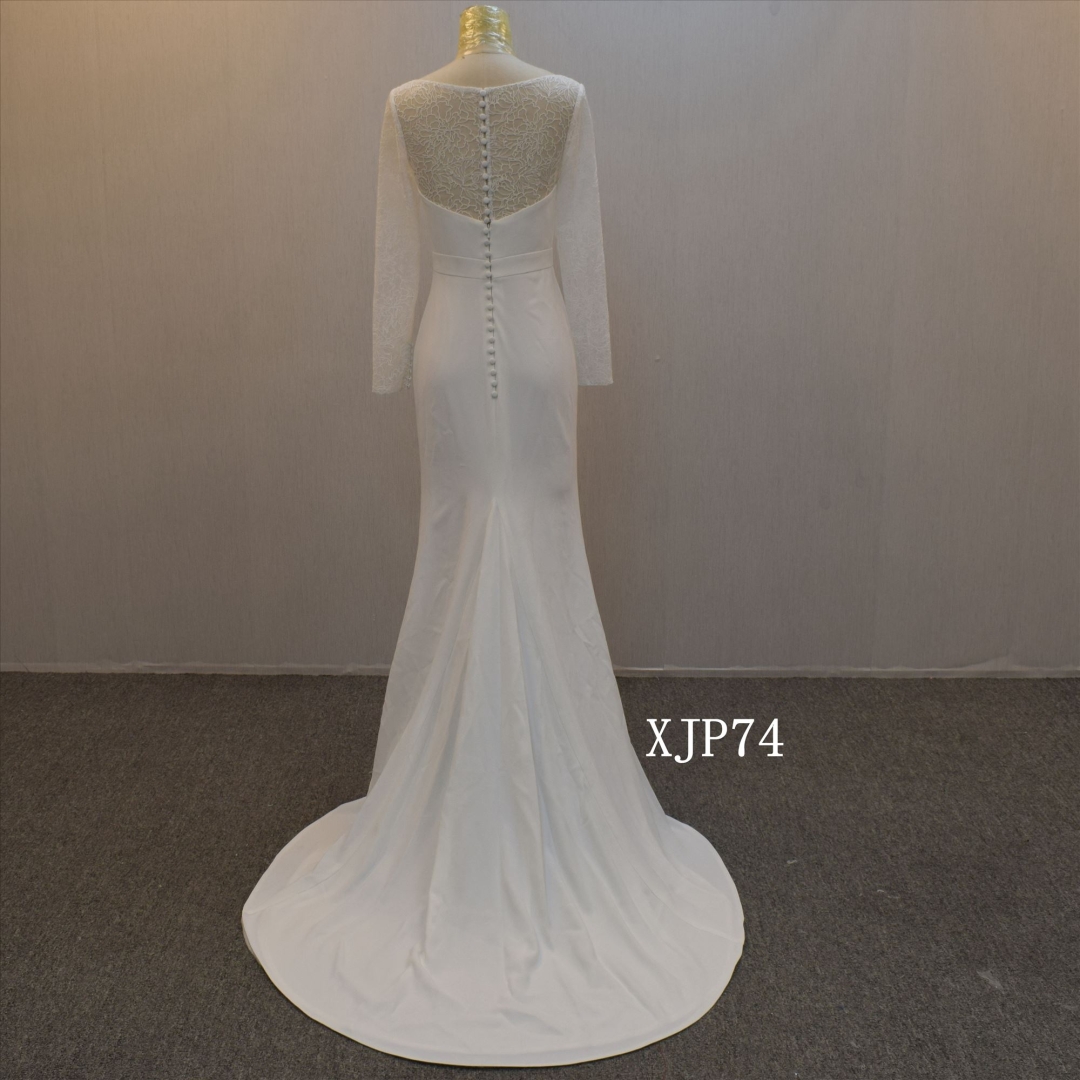 Simple Design Long Sleeves Mermaid Wedding Crepe Bridal Gown Wholesale