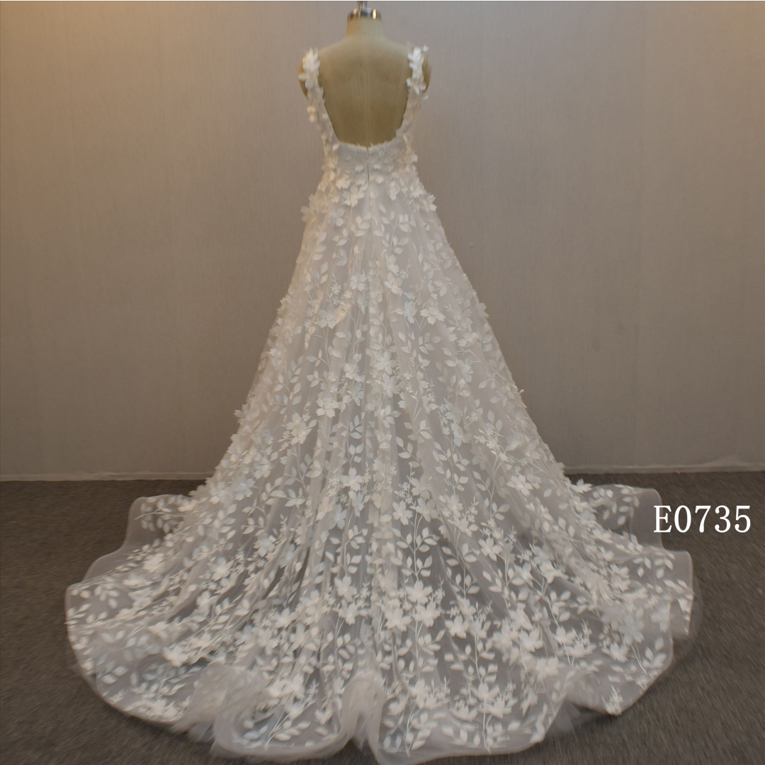 Sleeveless Boat Neckline Wedding Dress With 3D Lace  Bridal  Dress