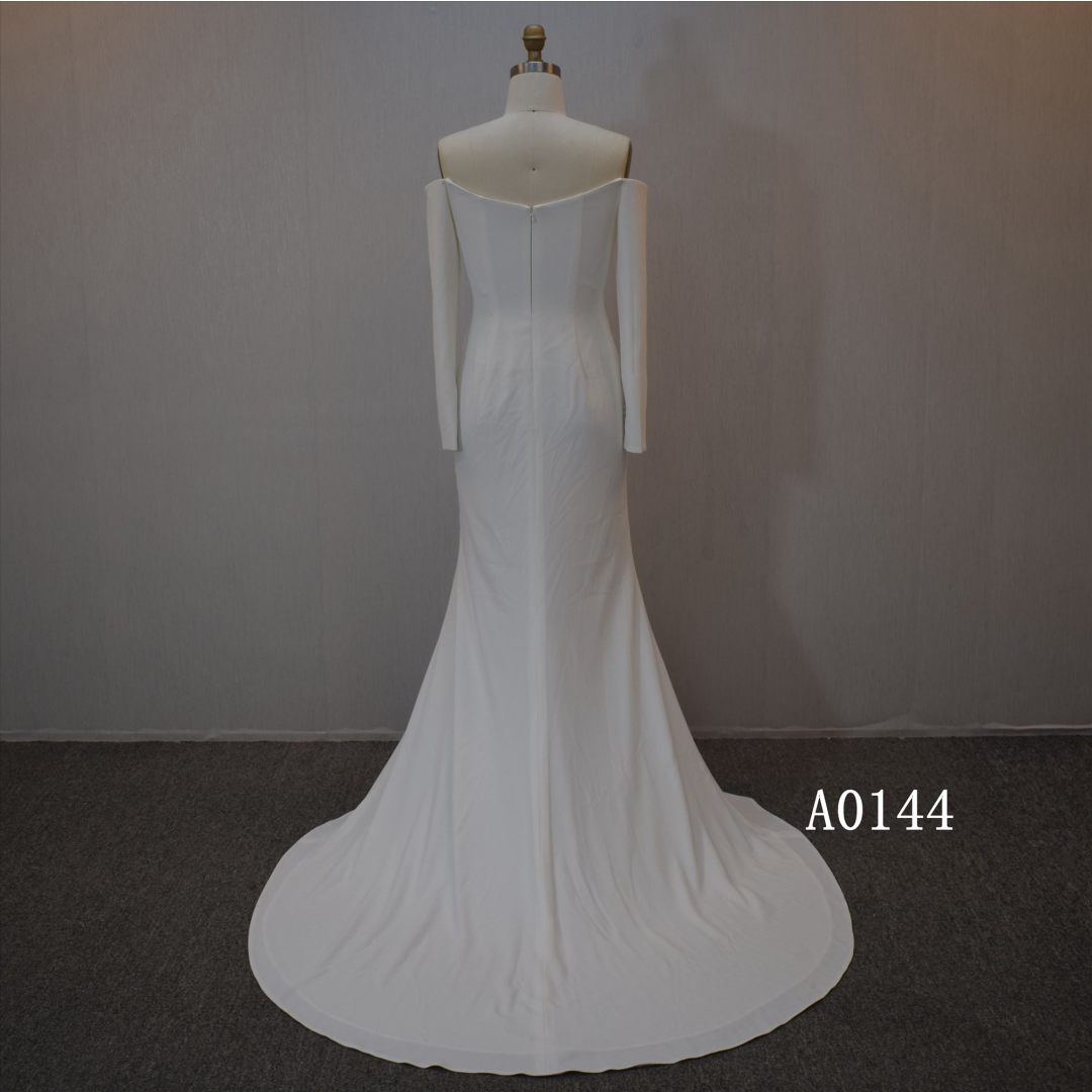 2022  Off Shoulder Long Sleeves Slit Wedding Dress Crepe Mermaid Bridal  Dress For Women