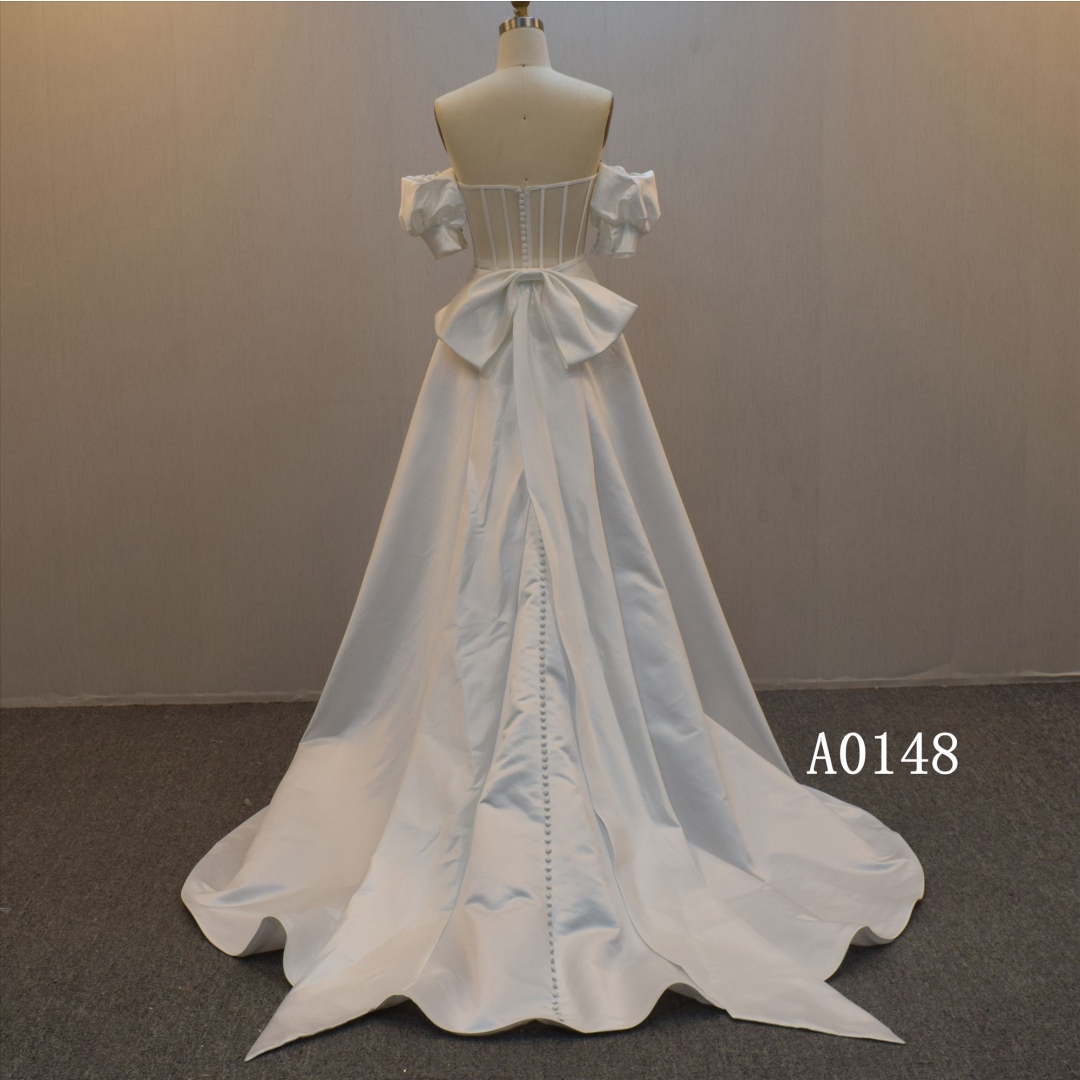 Backless A Line  Satin Bridal Dress With Detachable Short Sleeves Bridal Gown